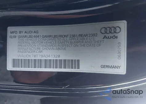 2009 Audi A5 3.2L z USA, uszkodzony, nr VIN WAUDK78T79A041328